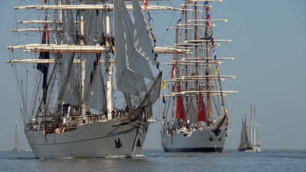 Shabab Oman II and BAP Unión at the sailing parade for SAiL 2025